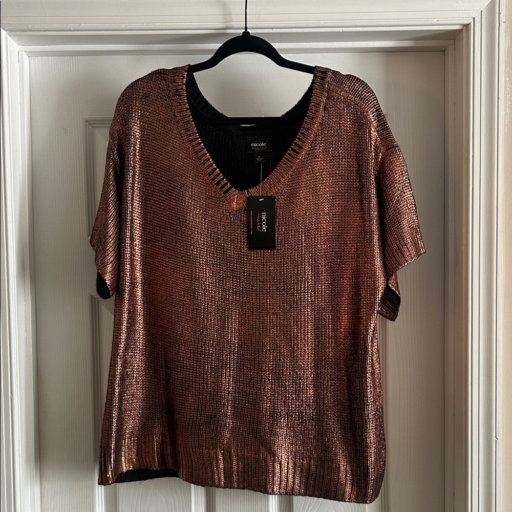 Nicole Metallic Bronze V-Neck Knit Top